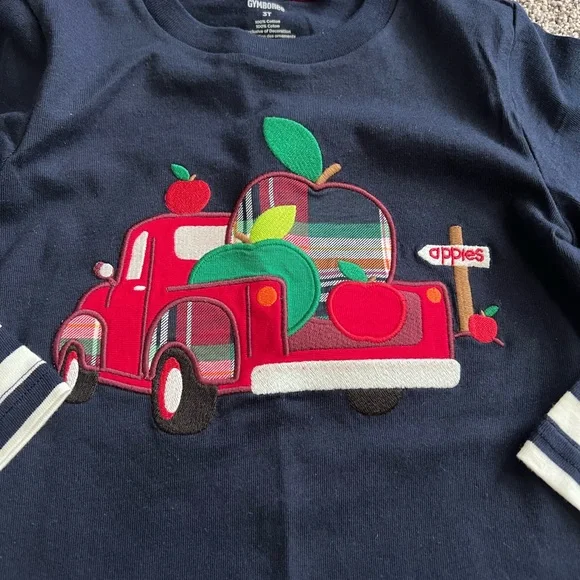NEW Gymboree Navy Blue Striped Kids Shirt with Red Truck Design and apples - Picture 3 of 3